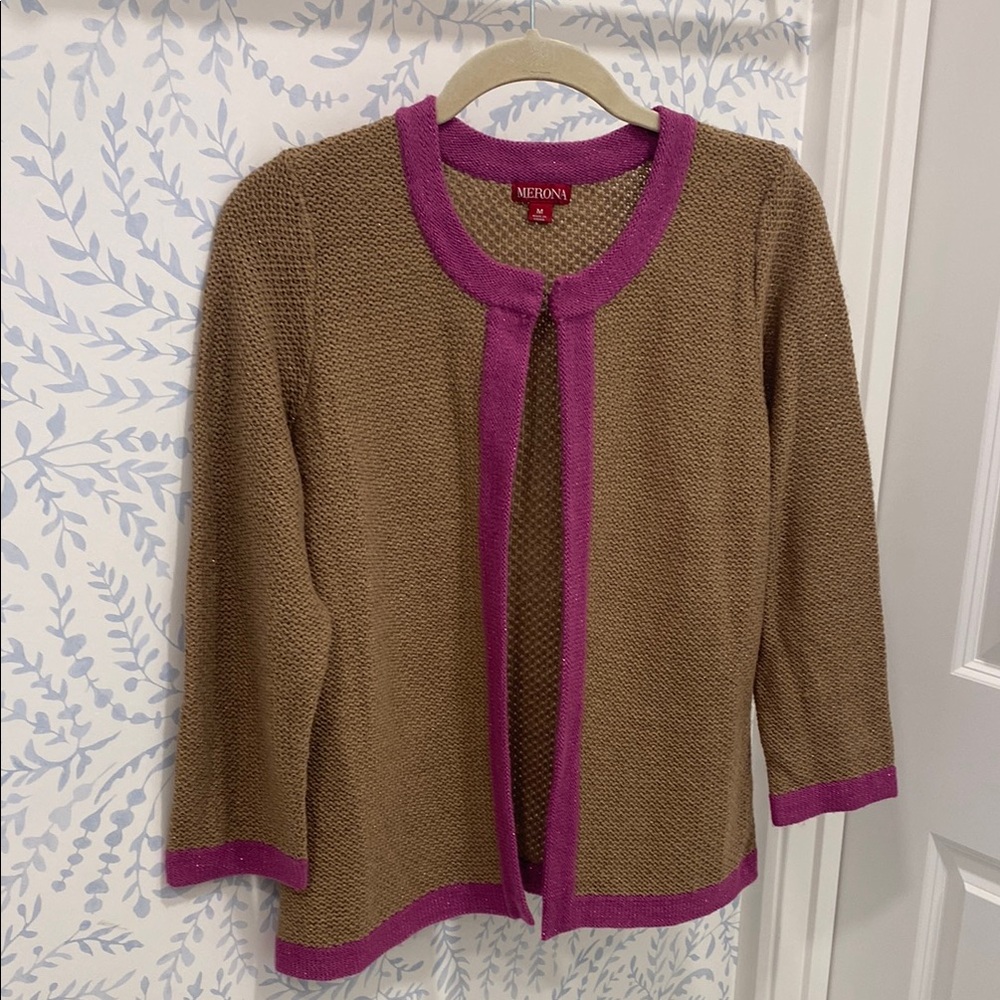 Merona Tan and Purple Knit Cardigan with Metallic Shimmer